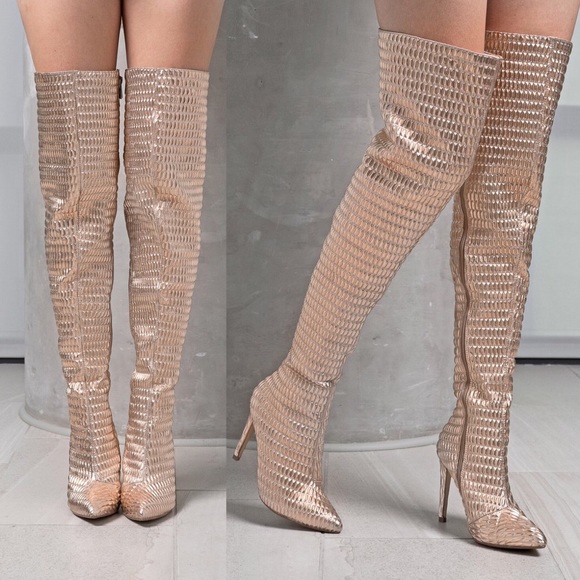Rose Gold Metallic Textured Knee High Boots - Picture 2 of 7